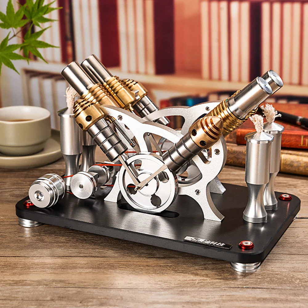 All-Metal Startable V4 Four-Cylinder Stirling Engine Model DIY High-end Generator Set With Stainless Steel Heating Tube Toy Gift