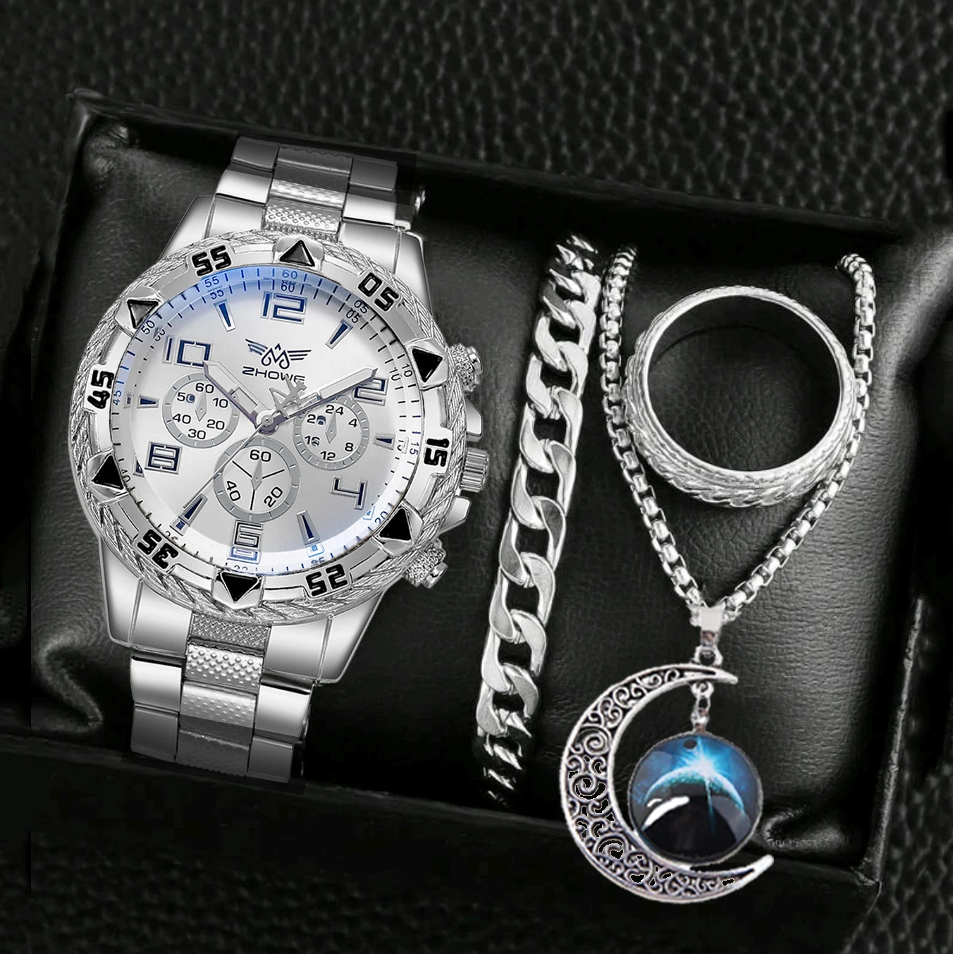 4PCS Men Watches Sets FREE Necklace Bracelet Ring Fashion Hip Pop Casual Stainless Steel Three-dial Quartz Watch Birthday gift