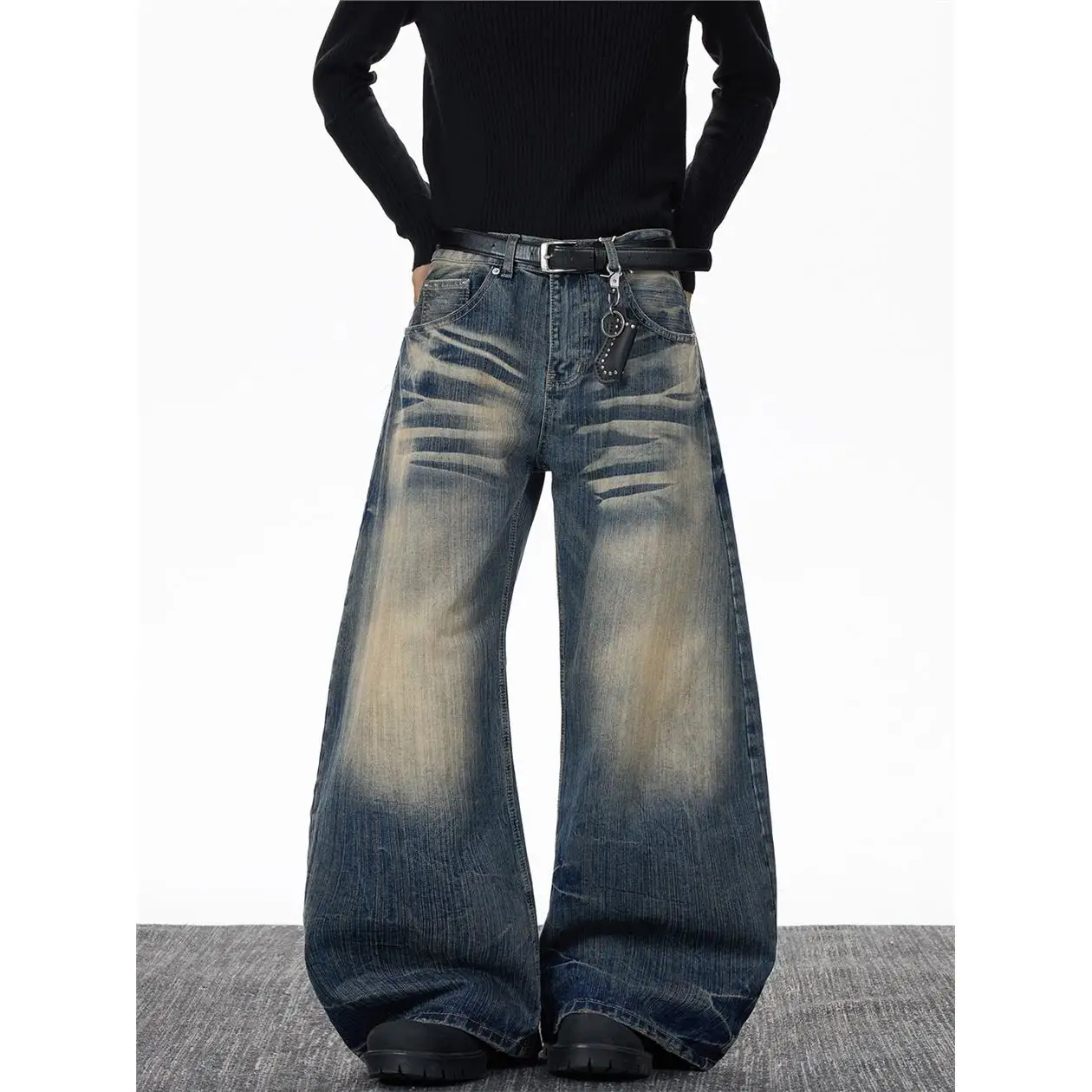 Calças Jeans Retrô Americanas Estilo High Street para Homens e Mulheres, Jeans Lavado com Efeito Emagrecedor e Corte a Fio, E...