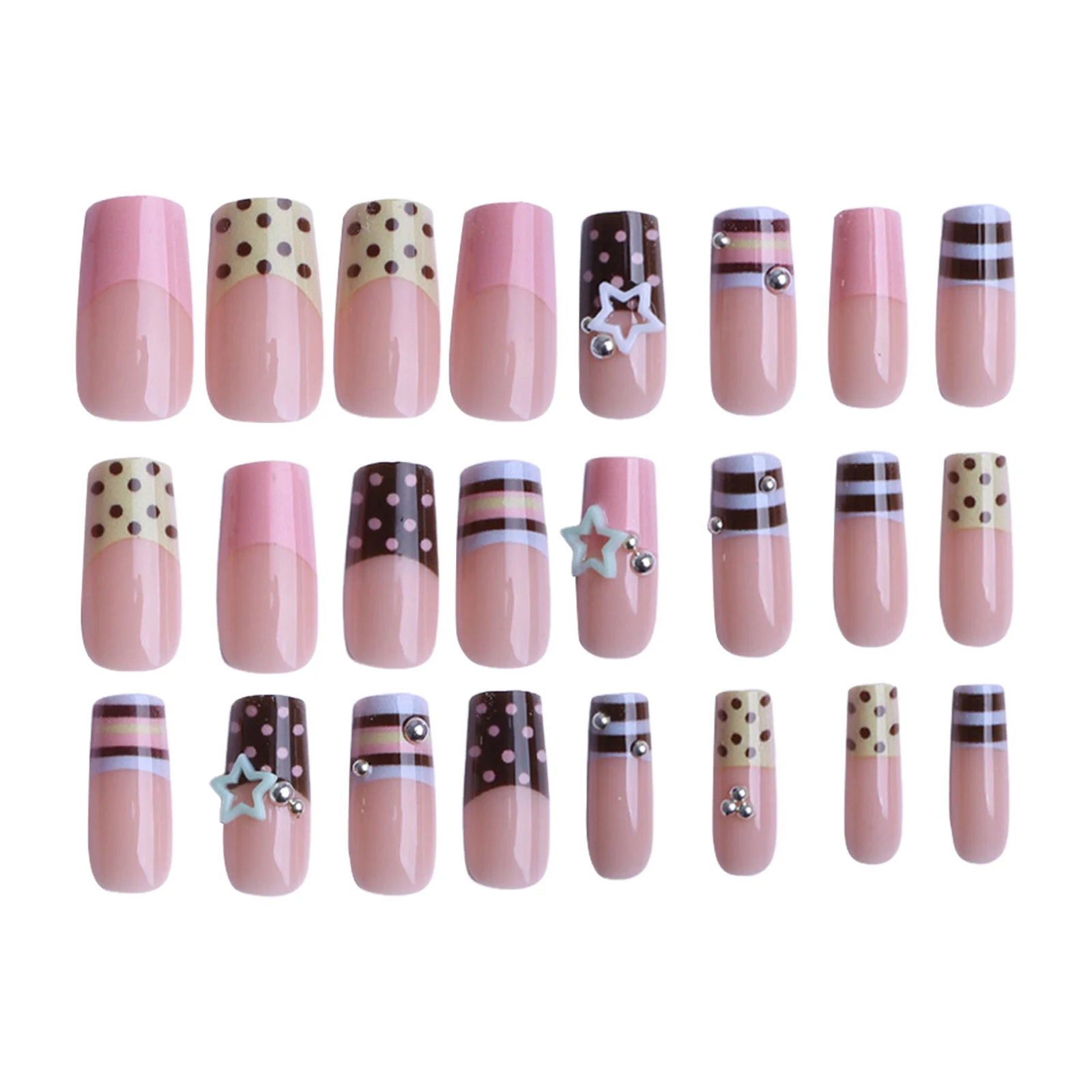 24 Stück Y2K Süße Sterne Aufklebenägel Blau-Braun Gestreift Französischer Stil Künstliche Nägel Wellenpunkt-Designs Herbst Vintage Fake Nails – Detail 1