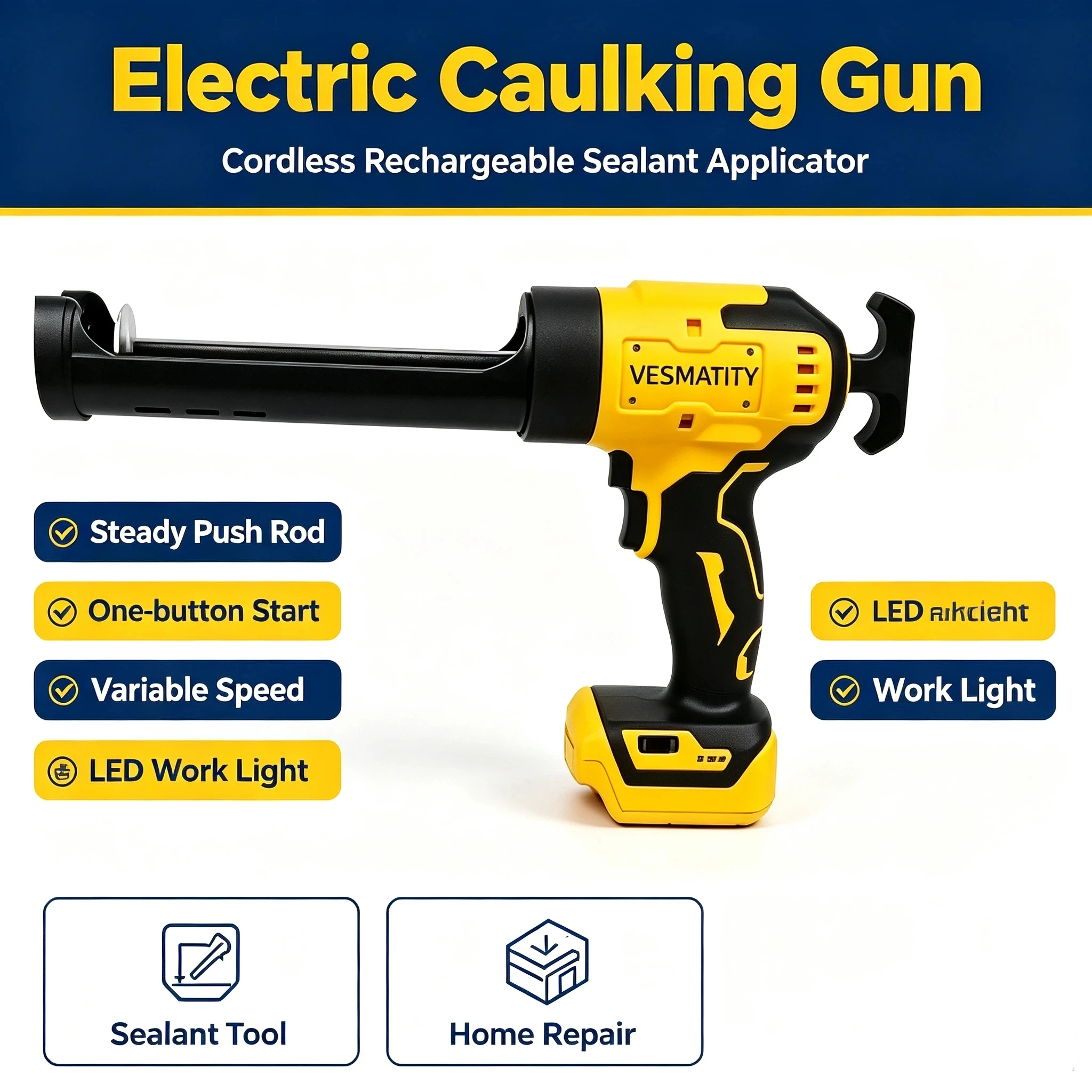 Electric Caulking Gun 10oz/300ml Sealant Glue Gun 6 Variable Speeds for 20V Battery, for Window Door Joint Construction Seam