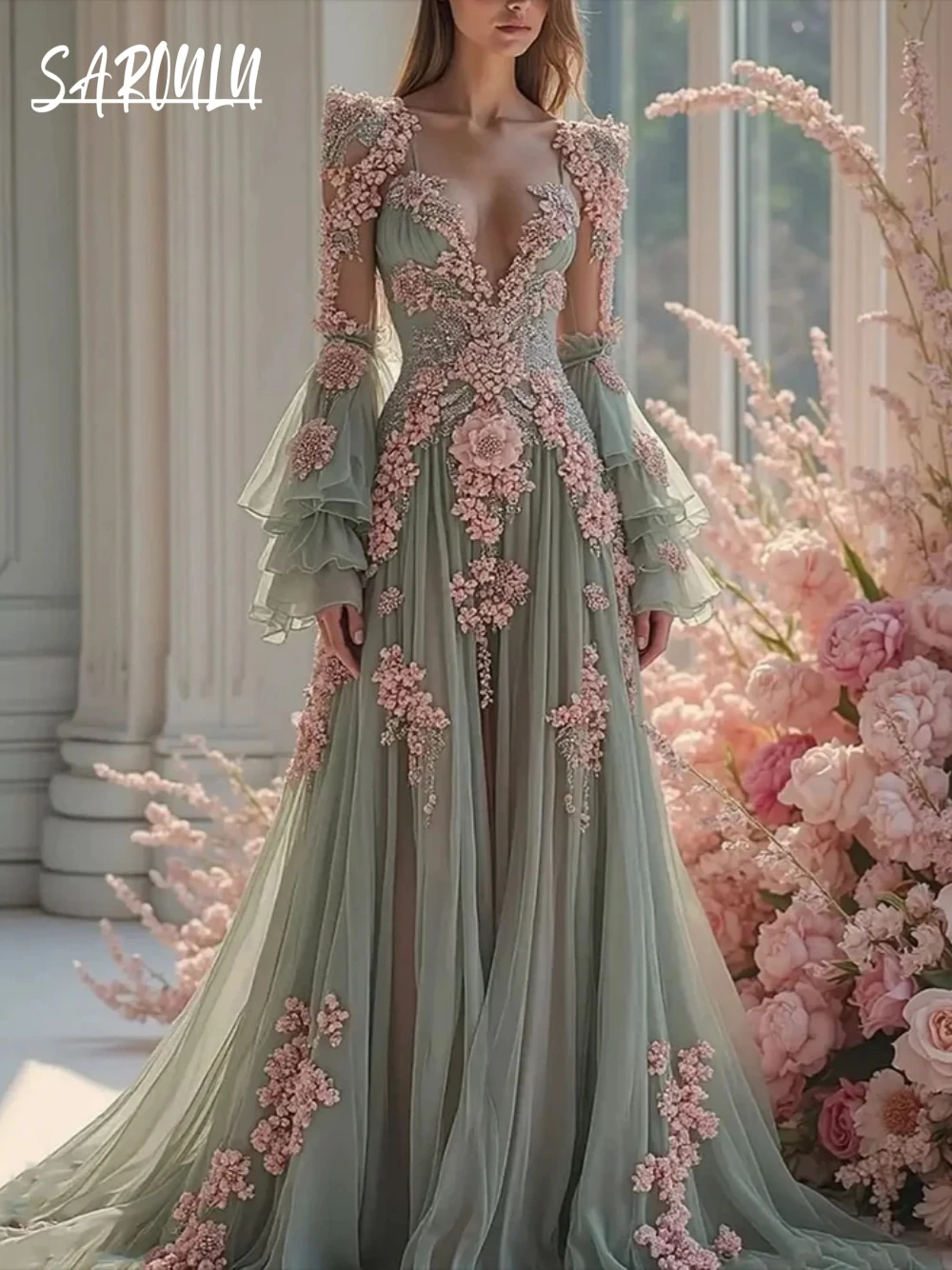 New Arrival elegancka suknia wieczorowa z dekoltem w kształcie litery V eleganckie kwiaty panna młoda dostosowane formalne okazje koktajlowa gwiazda wspaniała suknia wieczorowa