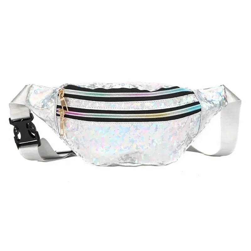 Holographic Waist Bags Women Silver Fanny Pack Female Belt Bag Black Geometric Waist Packs Laser Chest Phone Pouch Bum Bag