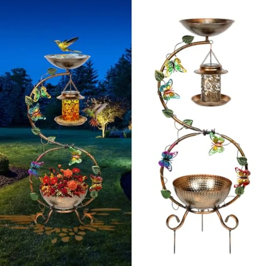 

3 In 1 Bird Bath for Outside and Solar Bird Feeders Combo with Flower Planter Pedestal, 38" Metal Bird Baths Heavy Duty for Out