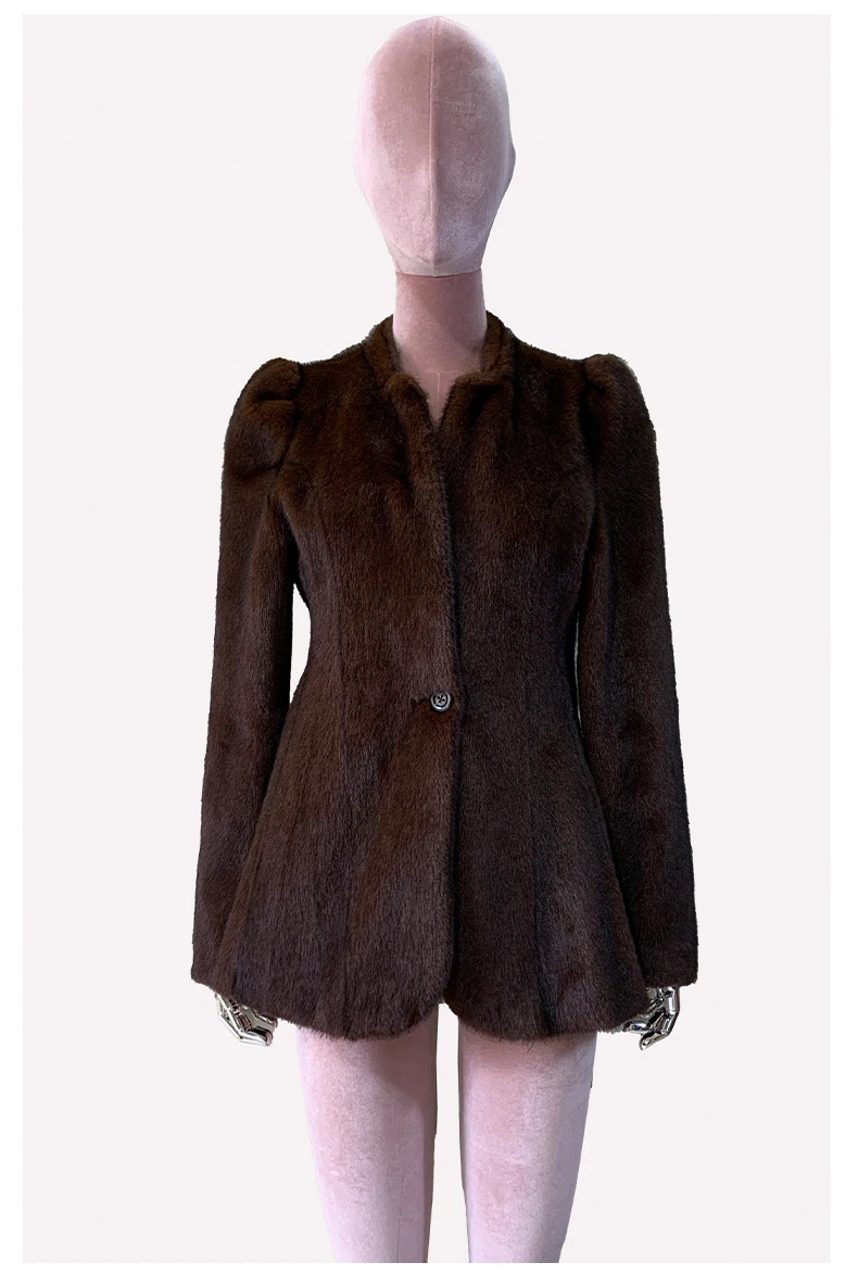 Nerazzurri Winter Short Brown Thick Warm Soft Fitted Faux Mink Fur Coat Women Single Button Elegant Luxury Chic Fluffy Jacket