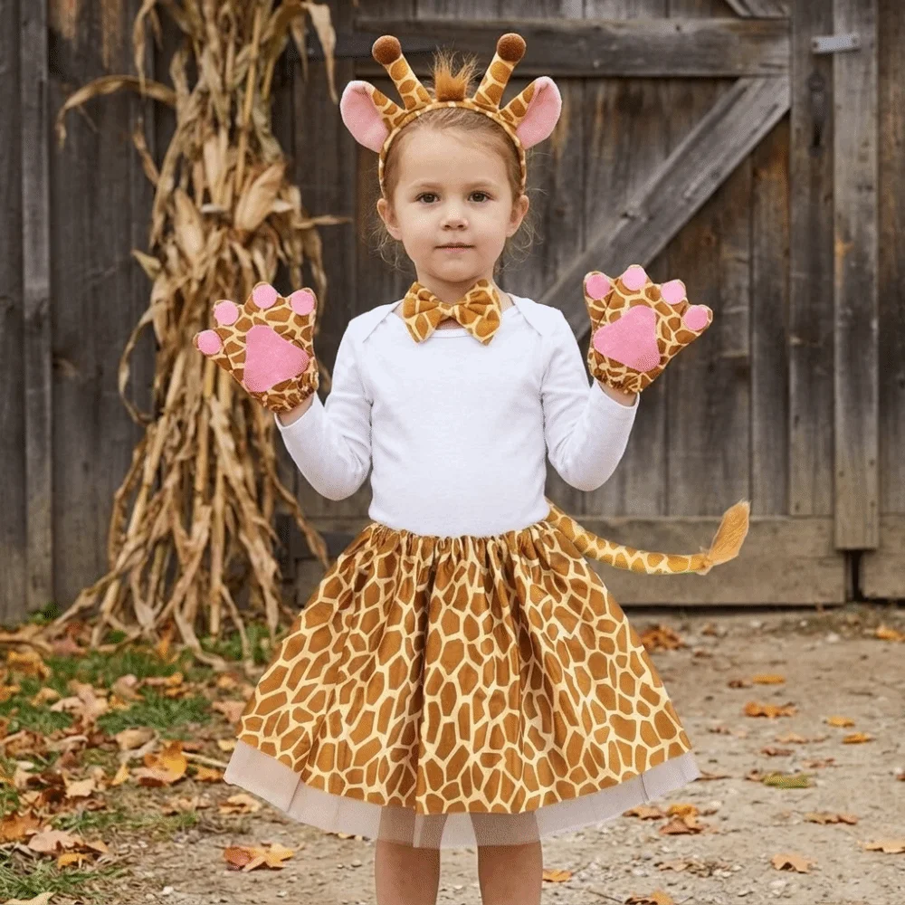 Lovely Cowgirl Skirt Headband Bow Hairband Animal Ears Tail Complete Set Performance Costumes Giraffe Children Short Dress Kids