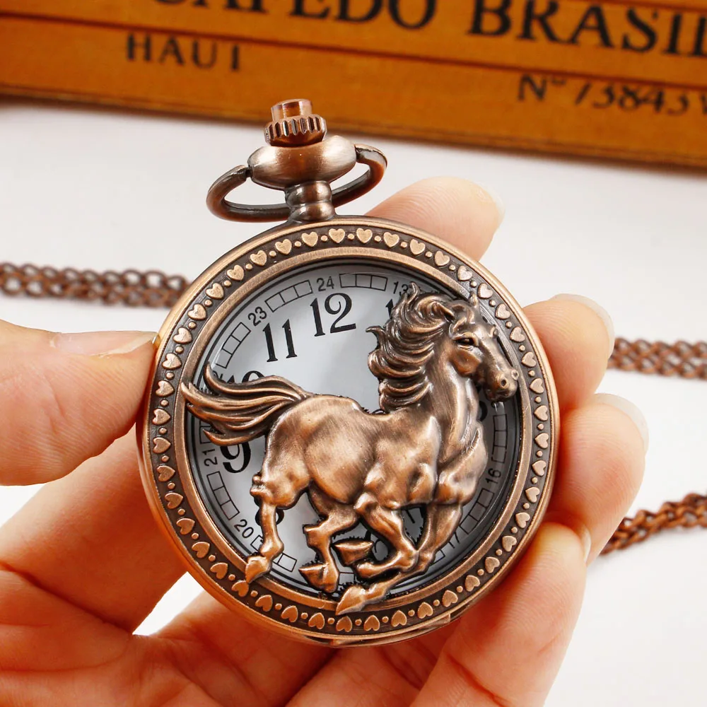 Retro Red Brown Horse Cool Handsome Hollow Quartz Pocket Watch Collection Personalised Pendant Necklace Male Gift