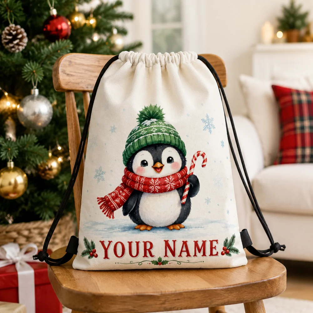 1PC Personalized Cute Christmas Penguin Print Drawstring Backpack, Polyester Custom Name Sack for Xmas Holiday Gift Storage