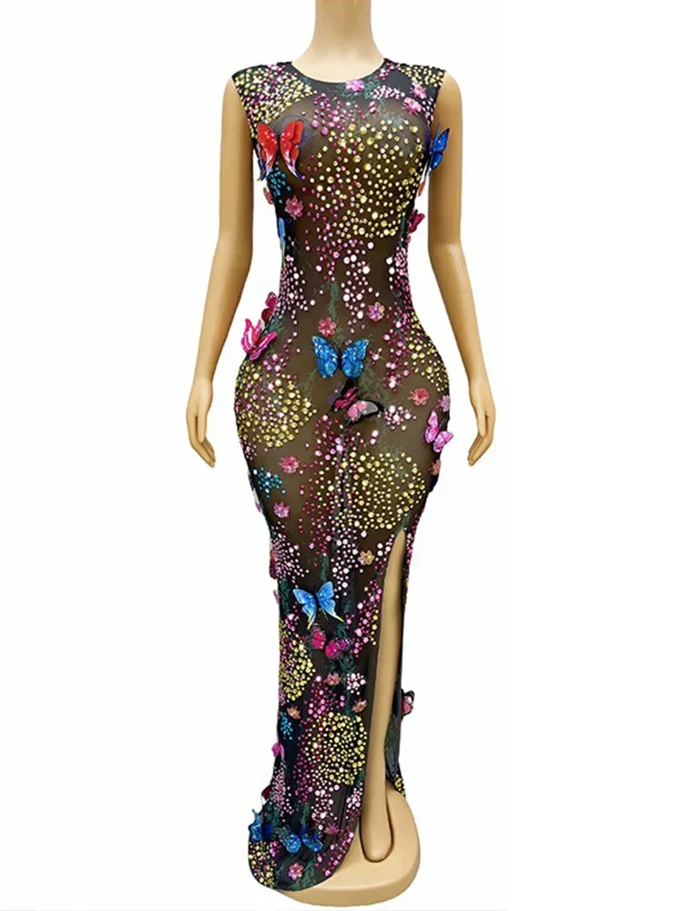 Strój damski na koncert i pokaz Rhinestone Elastyczna sukienka z rozcięciem w kształcie motyla Odzież damska luksusowa sukienka urodzinowa