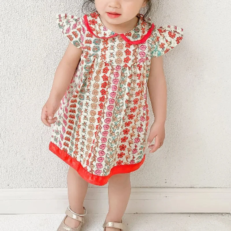 

Prairie Chic 2024 Summer New Girls Peter Pan Collar Printed Spliced Fashion Sweet Cute Classic Loose Smart Short Sleeve Dress