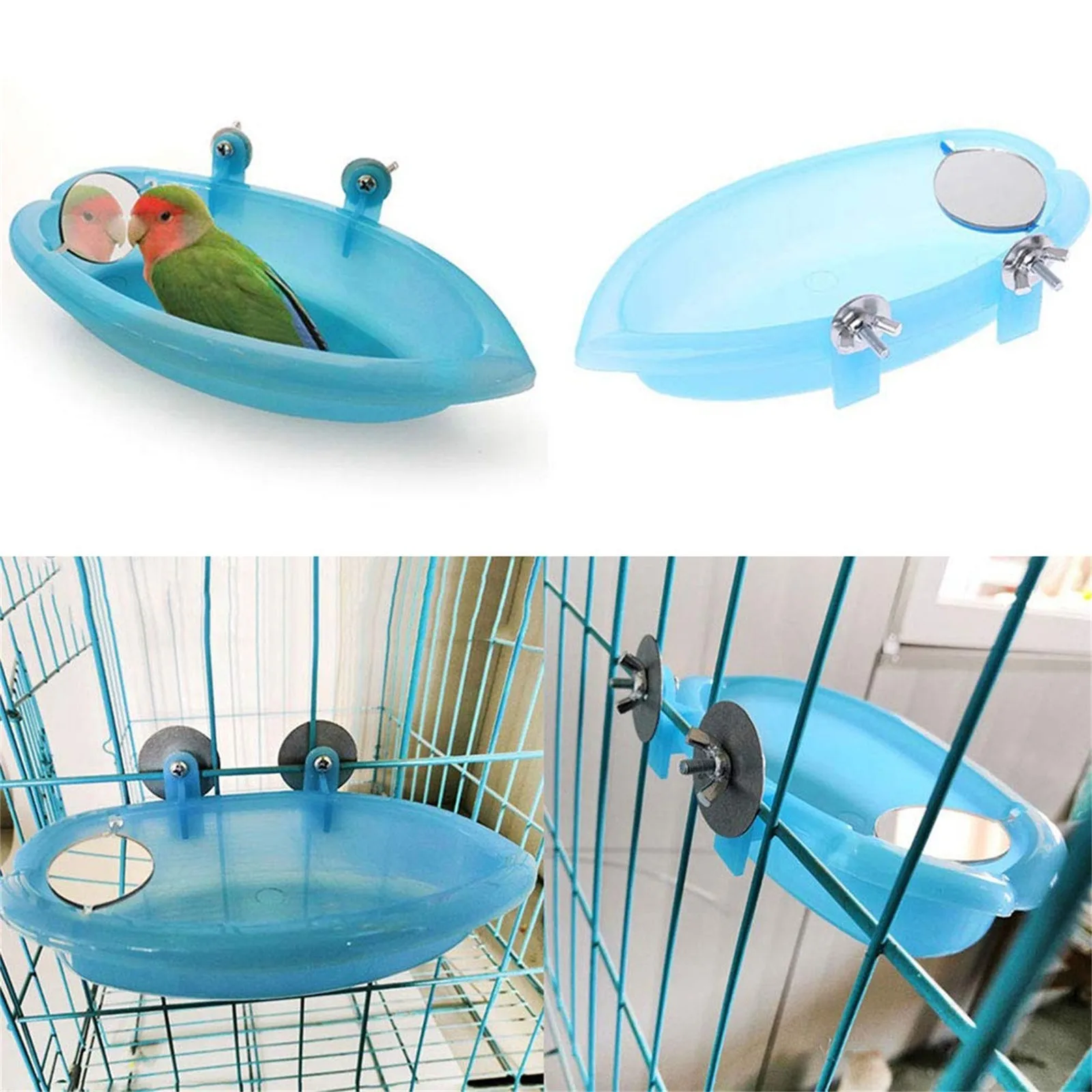 Bird Water Bath Tub For Pet Cage Hanging Bowl Parrot Parakeet Bird Bath+Mirror Birdbath