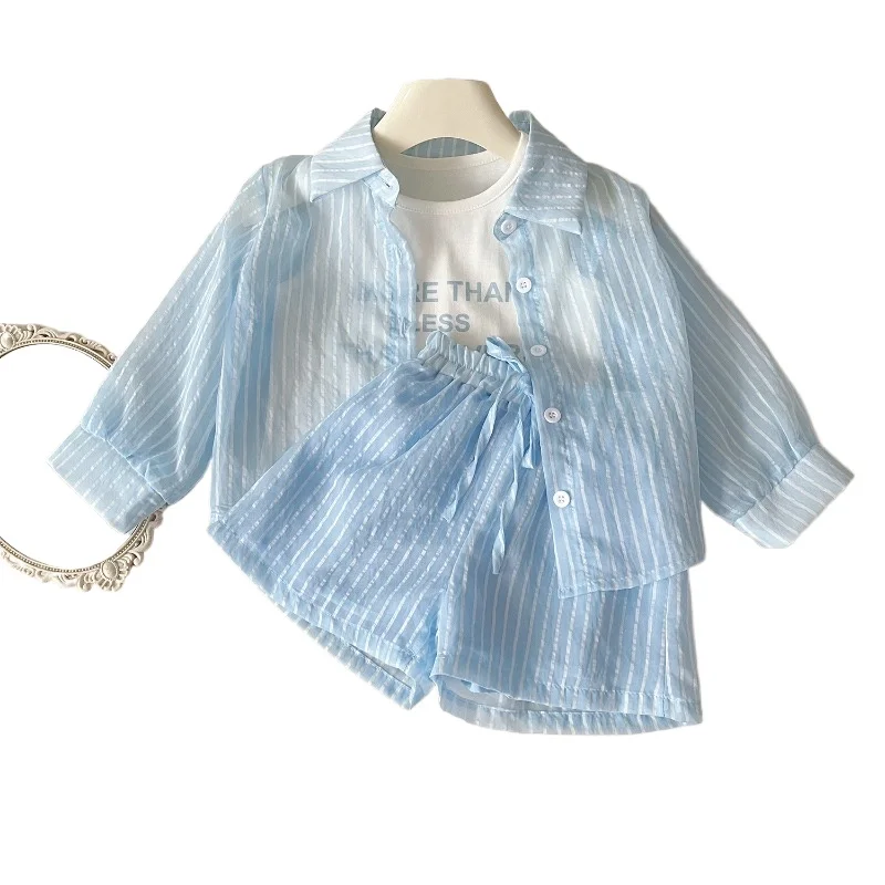 3Pcs Girls Clothing Sets Summer Cool Blouse Shirt+shorts+T-shirt Children Clothes Suits New Kids Outfits Set 2-7Yrs