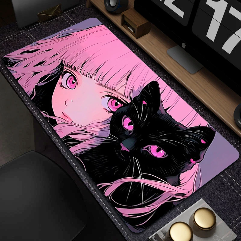 

900x400mm Locking Edge Mouse Mat Office Large Mouse Pad Cute Black Cat Rubber Mousepad Gamer Computer Keyboard Mat Accessories