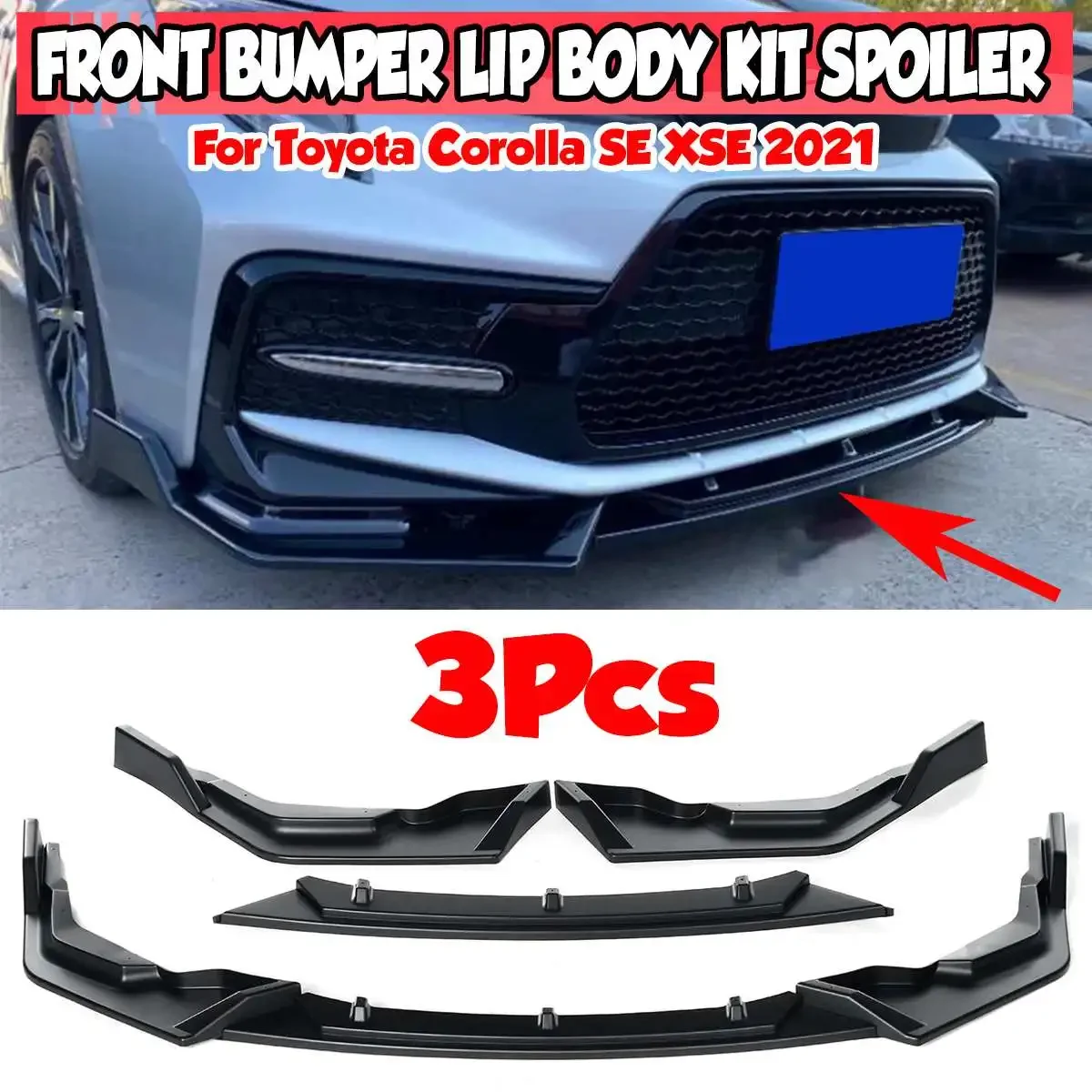 Amortecedor dianteiro do carro para Toyota Corolla SE XSE 2021, divisor lábio, difusor, tampa do spoiler, aparar aletas, kit de corpo, guarda de proteção, 3pcs