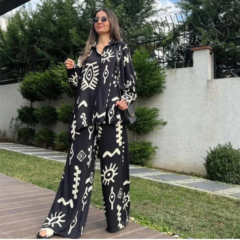 Women Pant Sets Suit Print Turn Down Collar Long Sleeve Matching Sets Casual Shirt Waist Lace Up High Waist Wide Leg Pant