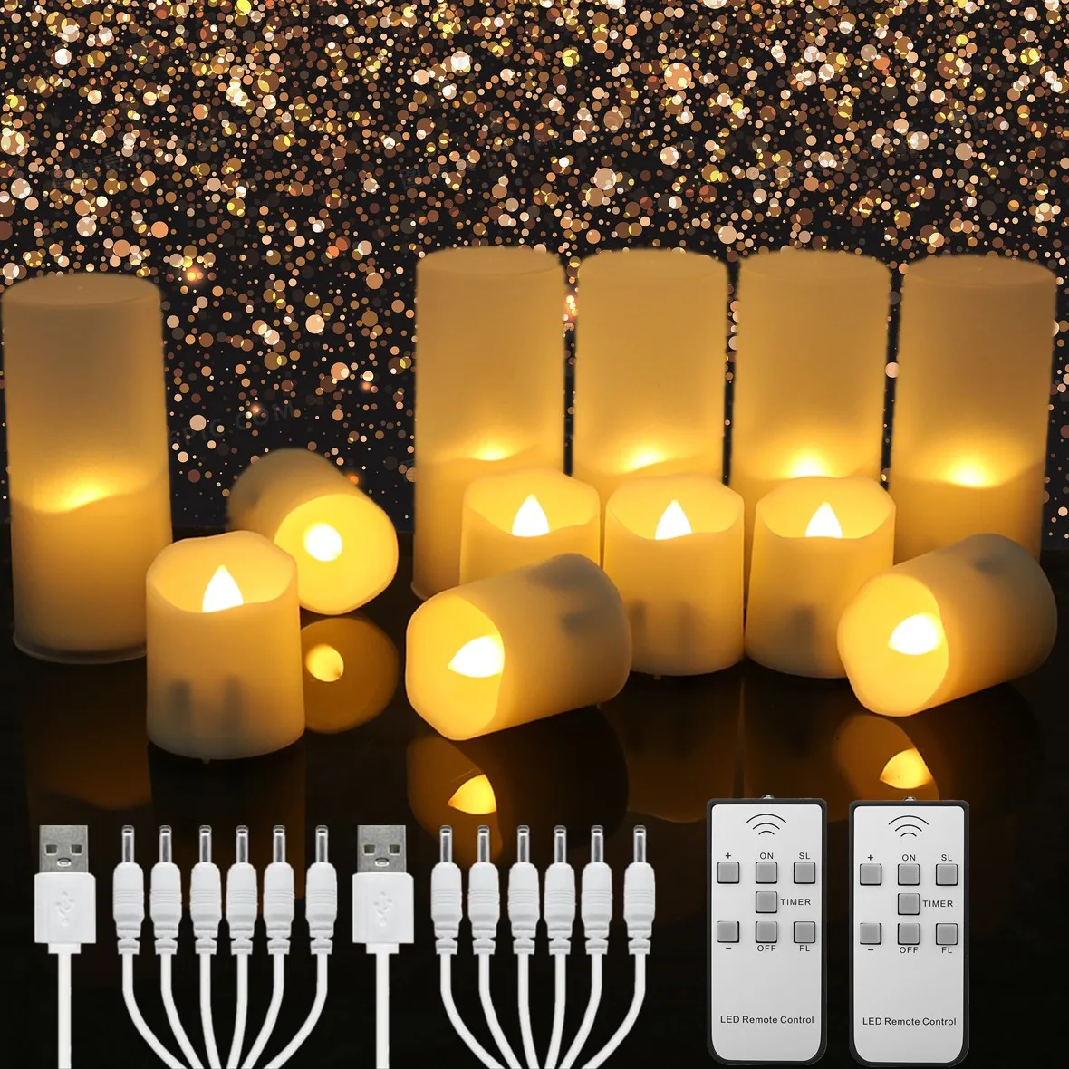Wiederaufladbare LED-Kerzen mit USB-Timer, ferngesteuerte flackernde Flammen, Hochzeitskerzen, Geburtstag, Heimdekoration, Teelichter, Ladegerät, Kerzenlampe