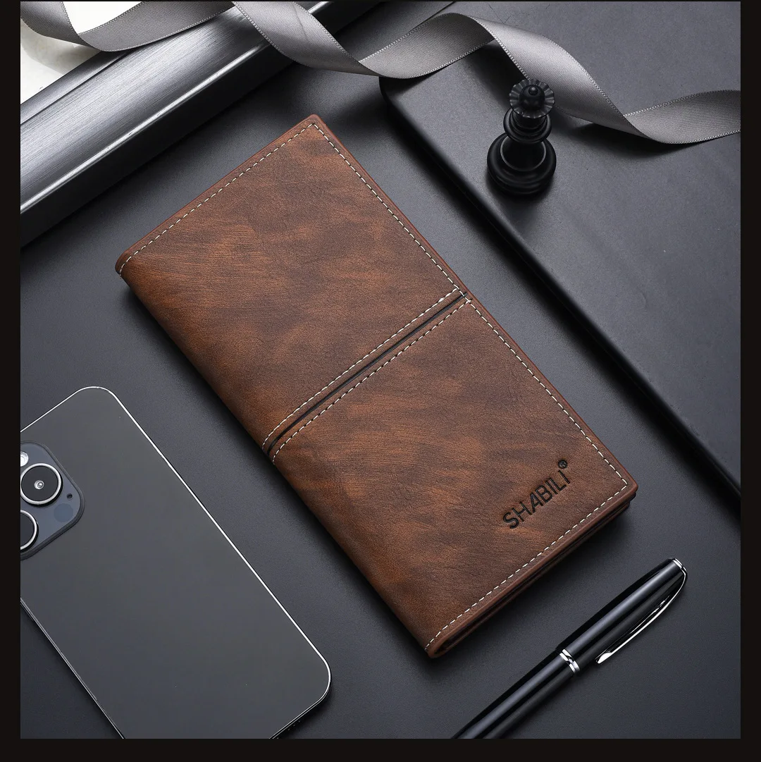 Men Long Thin Slim Wallet Vintage Pu Leather Male Credit Card Holder Brown Money Purses Solid Simplicity Business Wallet For Man