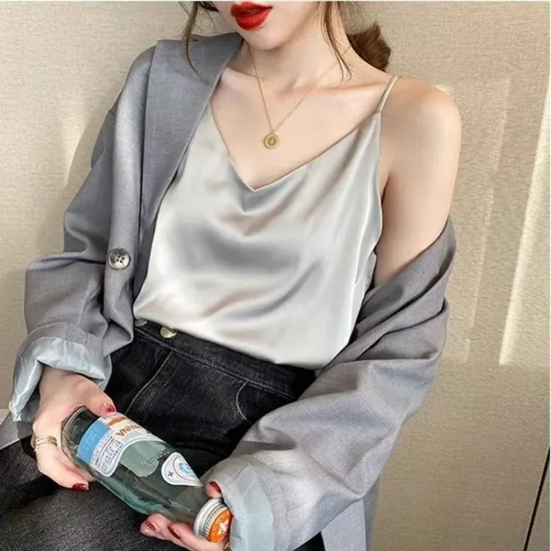 Fashion Silk-Like Satin Tops Silky Camisole Women's Inner with White Bottoming Satin Top Summer V-neck Thin Section Halter Top