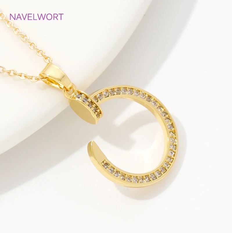 18K Gold Plated Brass Moon/Double C Pendants For Jewelry Making,Inlaid Zircon Pendants Charms DIY Necklace Making Accessories