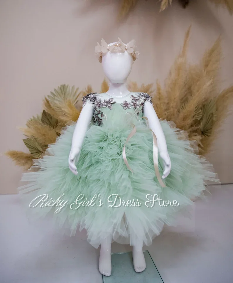 Lovely Mint Green Flower Girl Dresses For Wedding Sleeveless Appliques Birthday Party Toddlers First Communion Gown Customized