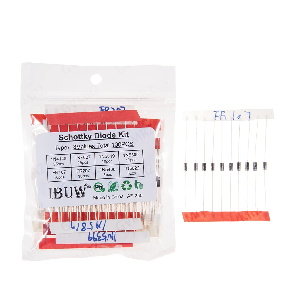 100PCS1N5408 8Values Schottky Diode Kit 1N4148 1N4007 1N5399 FR107 1N5408 1N5822 for Electronic Projects Rectification FR207