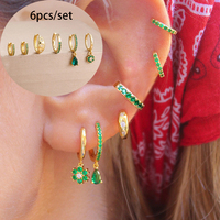 6PCS Exquisite Green Cubic Zircon Star Huggie Hoop Earring Set For Women Small Round Tragus Cartilage Piercing Earring Jewelry