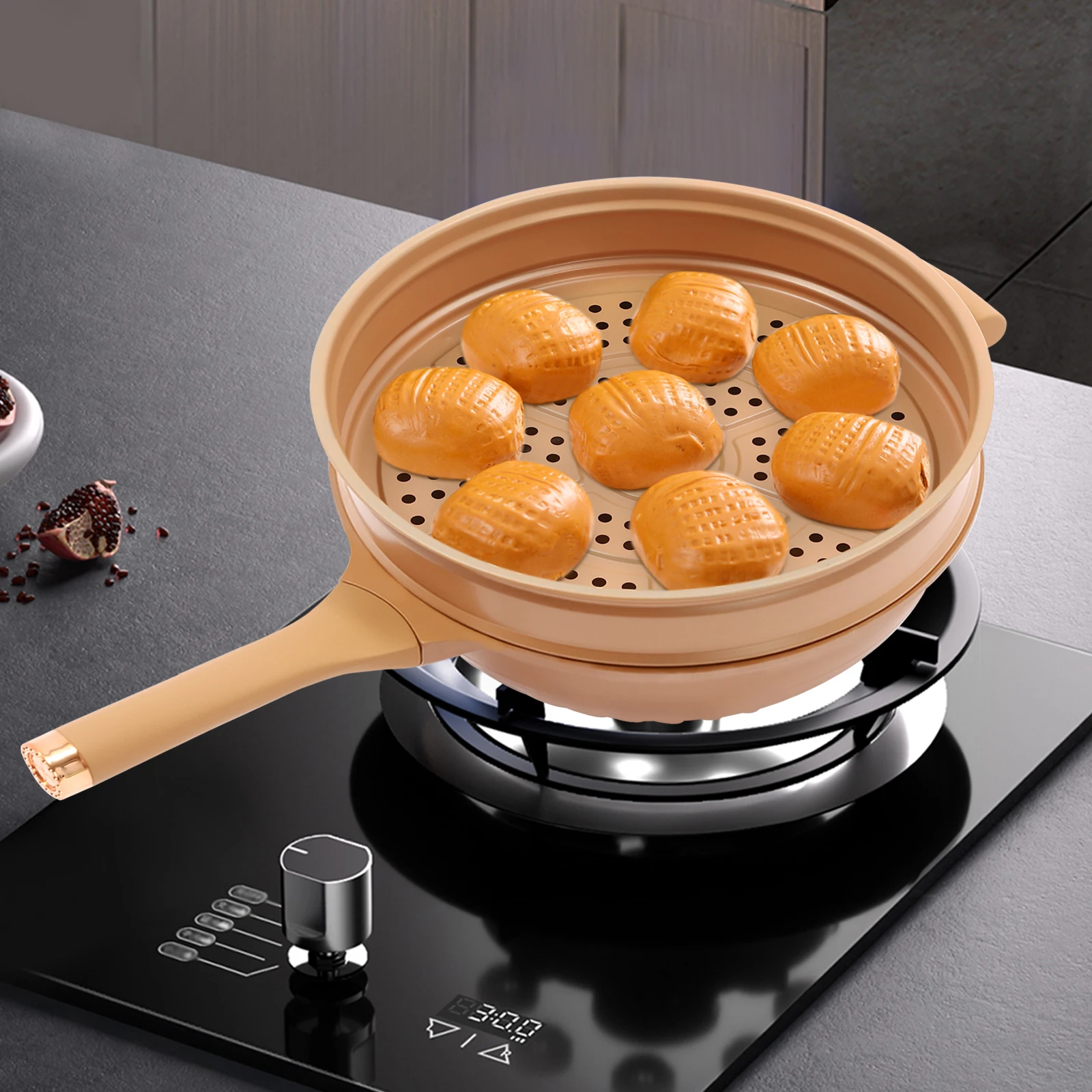 

Multifunctional Non-Stick Clay Wok With Steamer Basket, 2-in-1 Micro pressure Cooker with Free-standing Lid Stir Fry Pan
