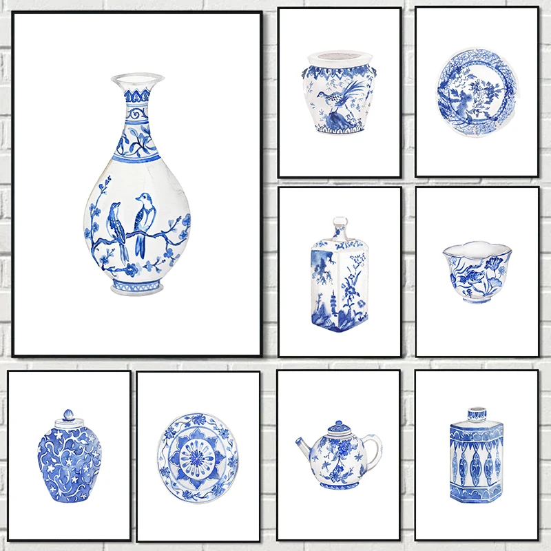 Aquarell-Vase im chinesischen Stil, blaues und weißes Porzellan, Kunstporzellan, Poster, Leinwandgemälde, Wandkunst, Bilder für Zuhause