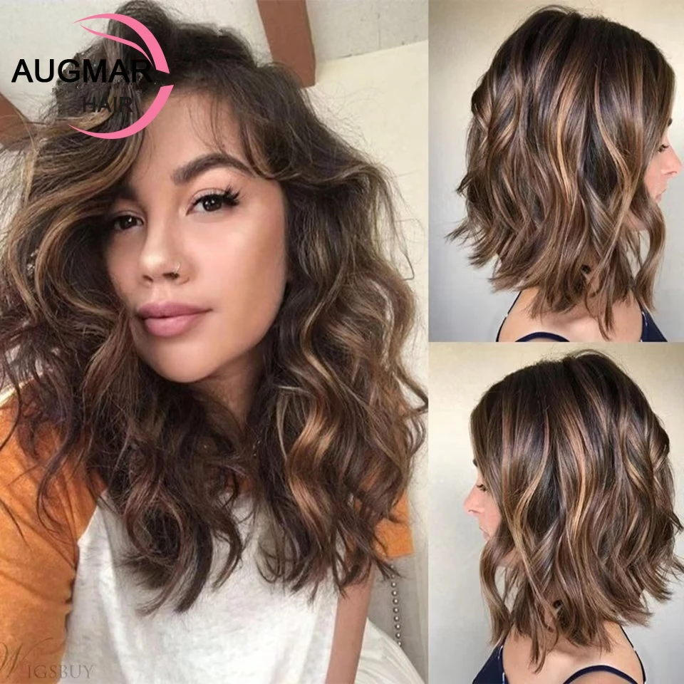Short Wavy Blonde Highlight Wig Human Hair Wigs Ombre 13x4 Brown Lace Front Wig Brazilian Remy Bob 360 13x6 HD Lace Frontal Wig