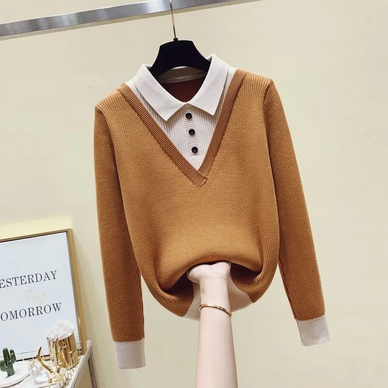 Spring and Autumn Fashion Casual POLO Collar Fake Two Piece Women\'s Sweater Reduced Age Long Sleeve Knitted Top