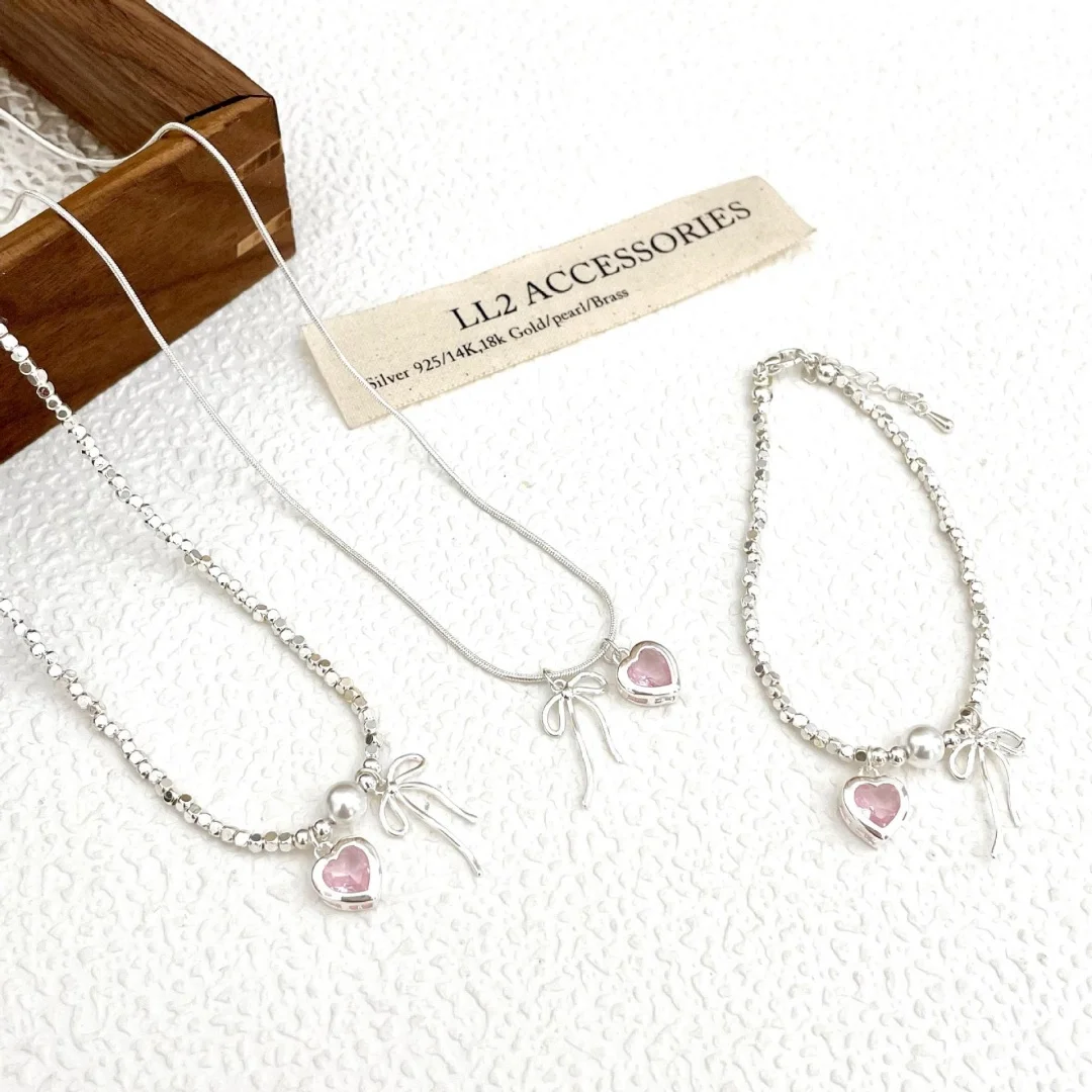 

DUTRIEUX Ballet Style Y2K Charm Necklace Bracelets Love Heart Bowknot Pendant Choker For Women Pink Girl Light Luxury Jewelry