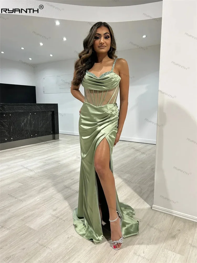 Spaghetti Straps Mermaid Prom Dress High Slit Party Gowns For Women 2024 New Product Sweetheart Neckline Satin Sleeveless