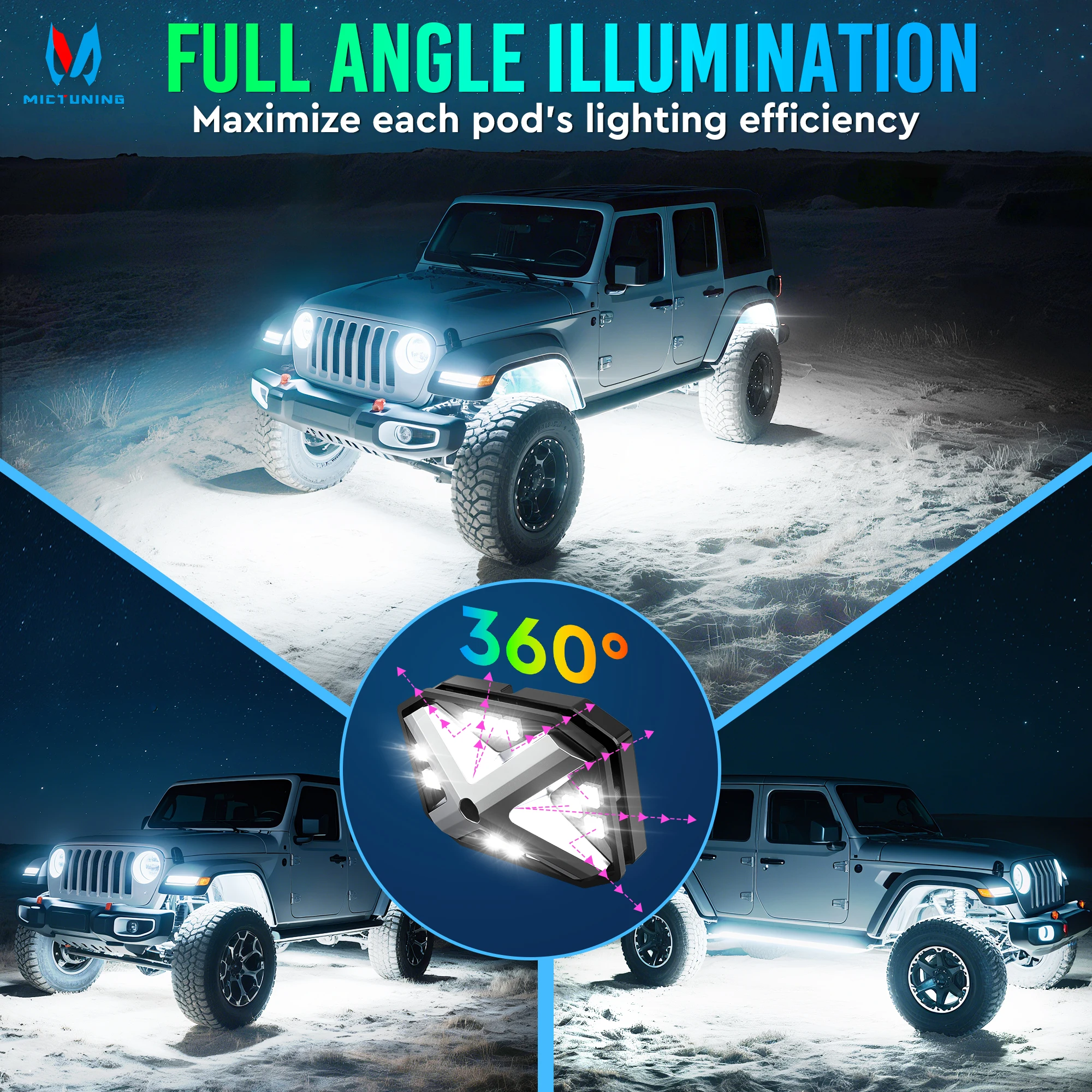 MICTUNING C4 RGBW LED Rock Lights,Smart App Control with Music Sync,16 Pods 360° Horizontal Underglow Neon Accent Lighting Kit