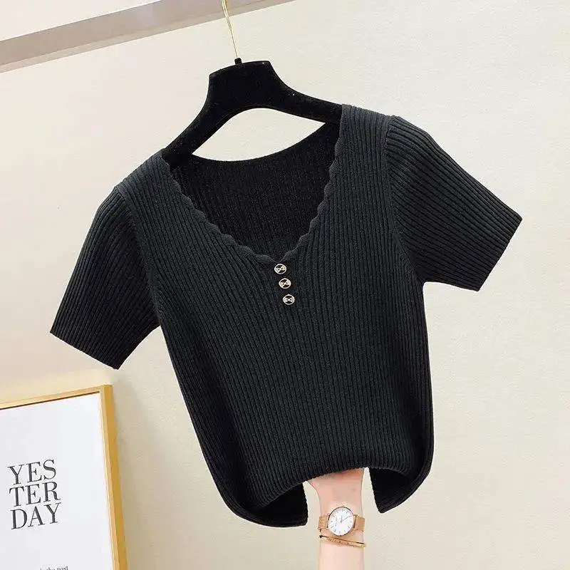 Women Sweater Summer Korean Fashion Style Top Short Sleeve New In Loose V Neck Ice Silk  Female Clothes 2023