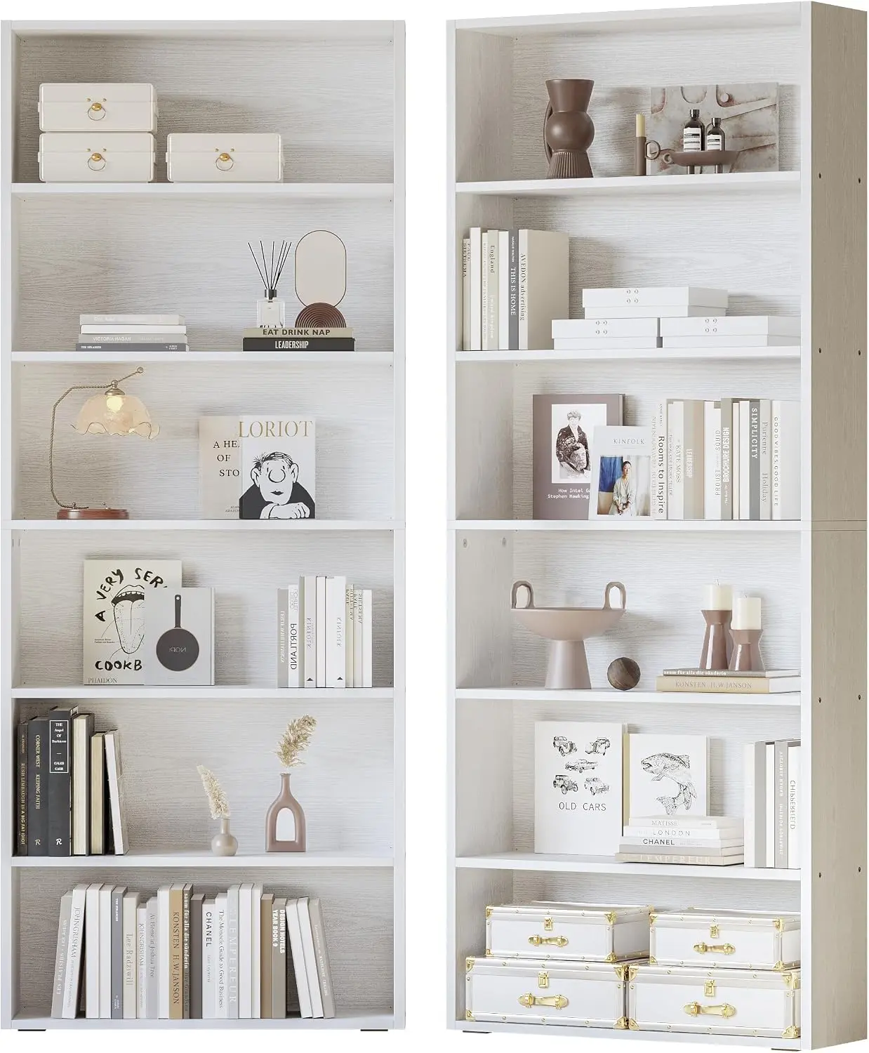 70 inch Tall 6 Tier Wood Bookcases Set of 2 Open Display Storage Shelves For Home Office Living Room Library Industrial White