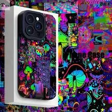 Neon Psychedelic Trippy Schaffell Leder Handyhülle für iPhone 17 16 16e Air 15 14 13 12 11 Pro XS Plus Max X XR Kamera schützen