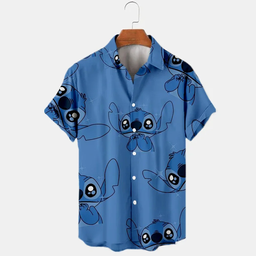 2024 Summer Shirt Disney Trend Fashion Cartoon Interstellar Baby Stitch Harajuku Top Men's Disney Hawaiian Shirts