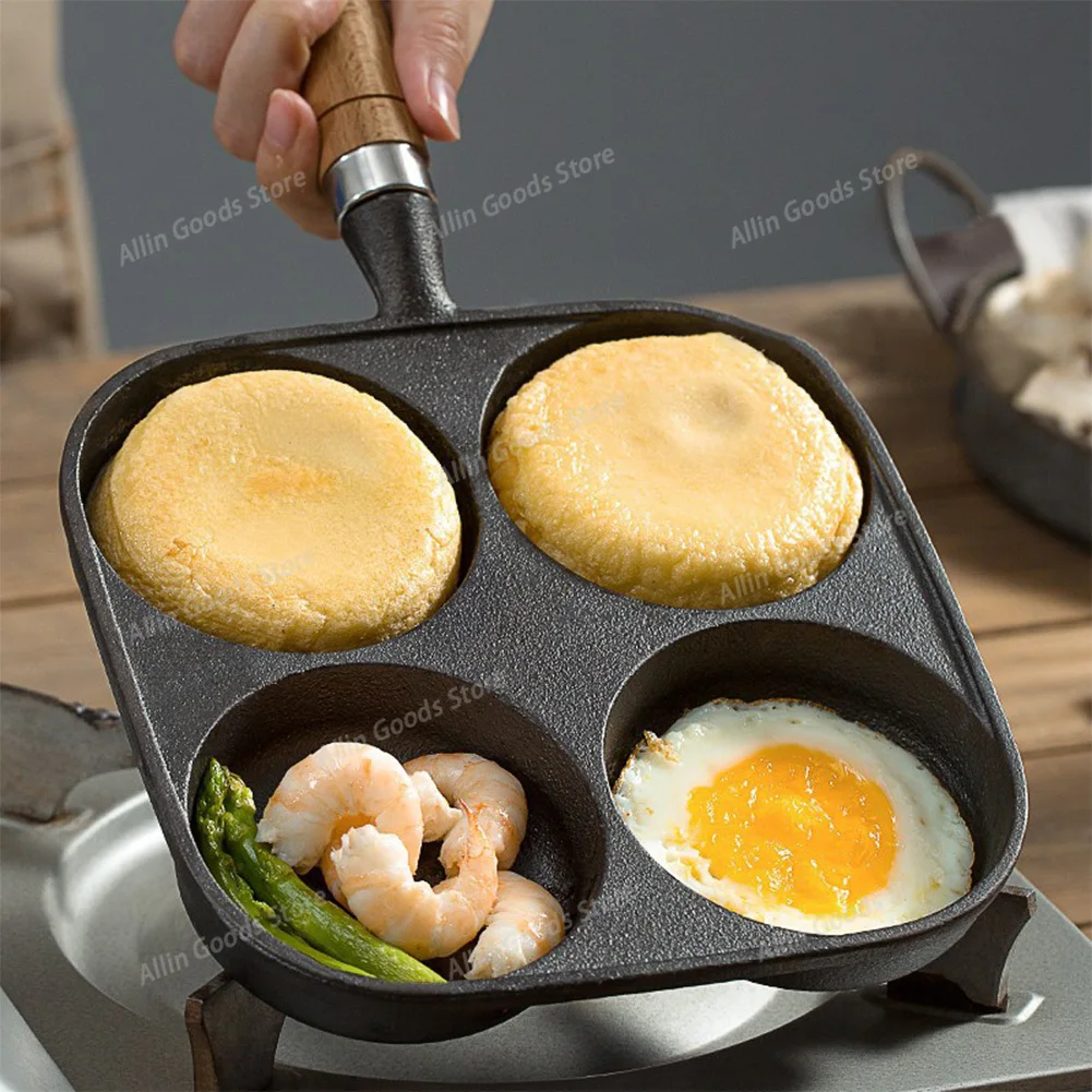 4-Hole Breakfast Burger Egg Pancake Maker Wooden Handle Non Stick Hamburg Bread Breakfast Maker for Gas Stove Induction Cooker