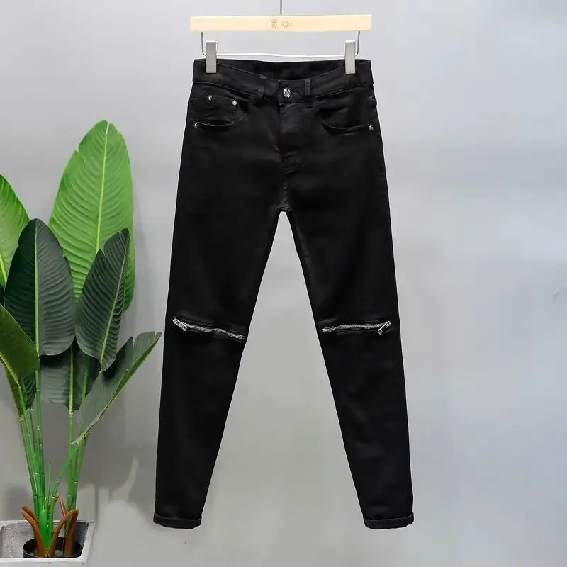 Man Clothes Pants Black Jeans Men's 2025 New Knee Zipper Slim-fit Clothes Trendy Brand Youth Pencil Elastic Small Feet Trousers