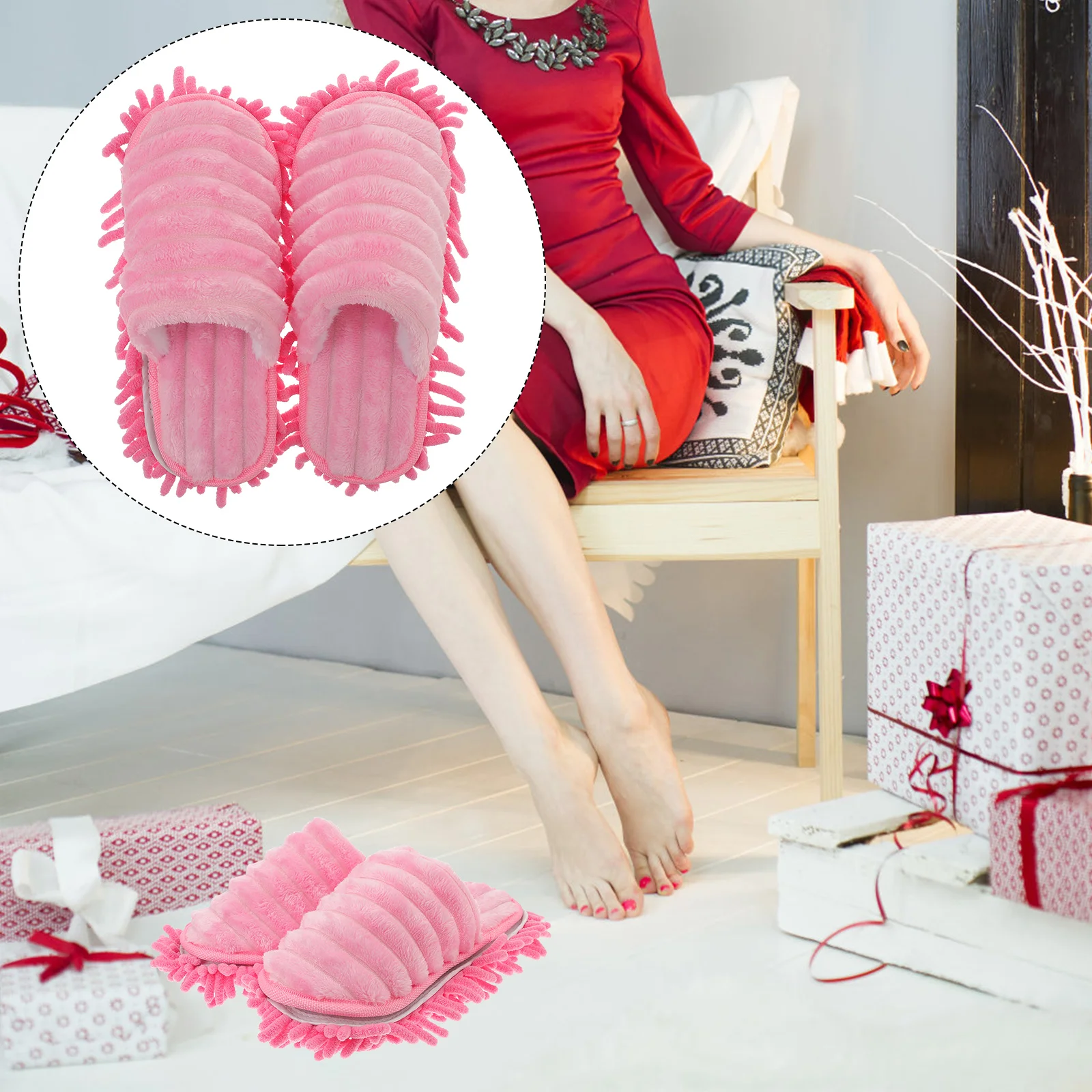 

1 Pair Furry Stripes Floor Cleaning Slippers Detachable Bottom Mopping Slipper - Size S 35-37 (Pink)