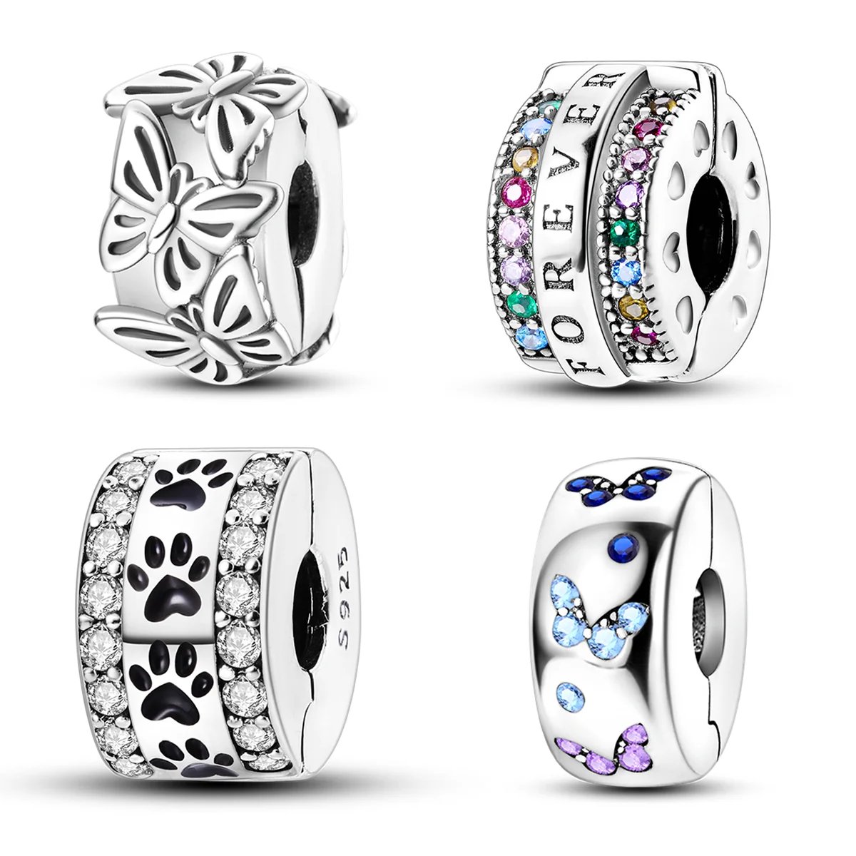925 Sterling Silver Clasp Colorful CZ Pave Paw Print Clip Charms Butterfly Beads Stopper Fit Original Bracelet Jewelry Clips