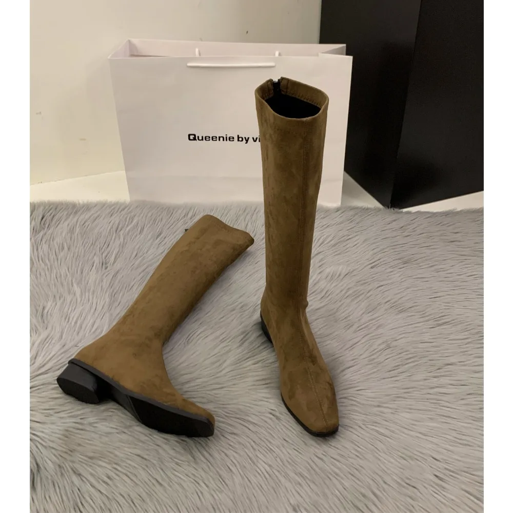 Luxury Designer Vintage Women Knee High Boots Fashion Square Low Heel Shoes Concise Slim Long Botas De Mujer