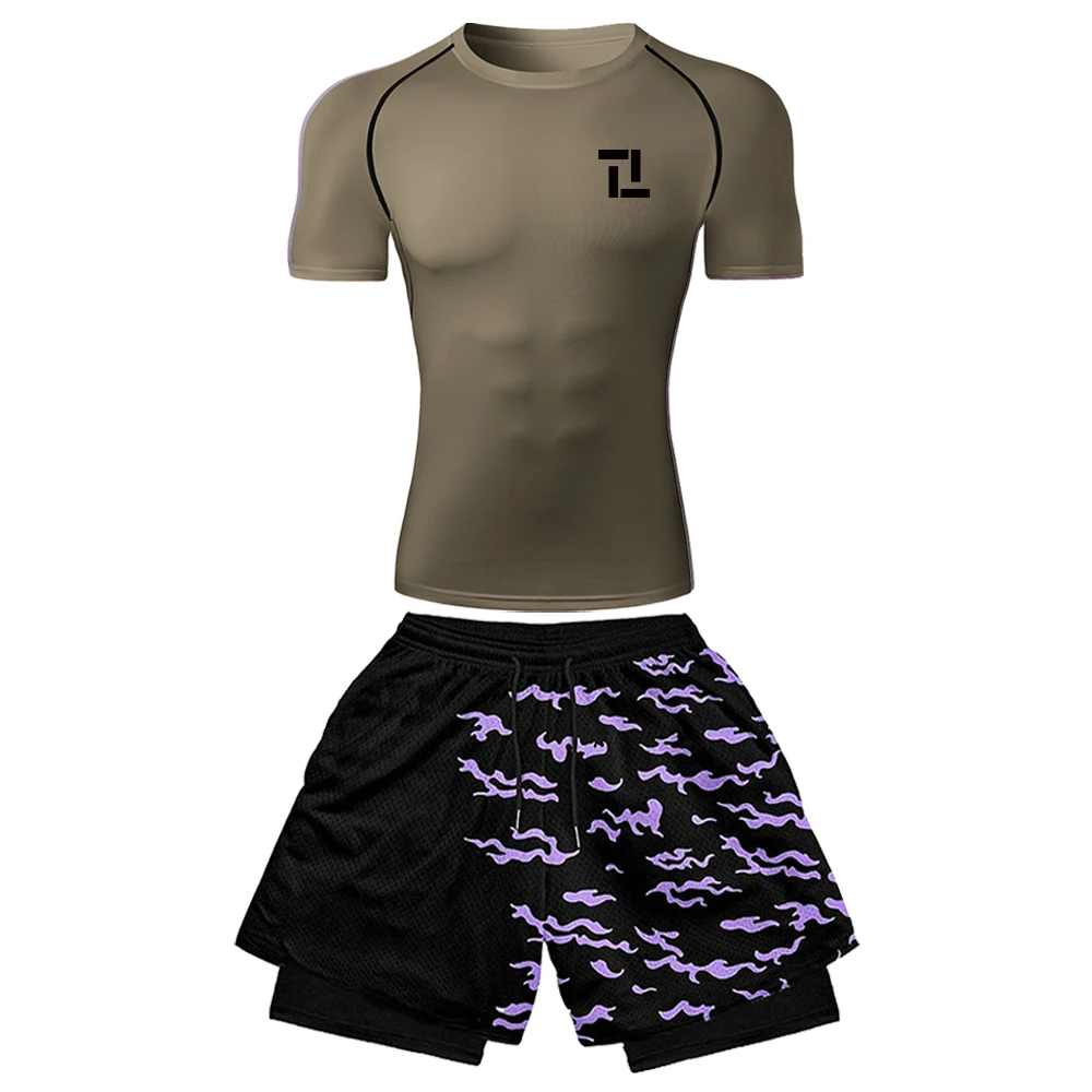Rashguard Men's Fitness Sportswear Workout Set Compression T-shirt & Purple 3D printed sports shorts  Double Layer Shorts