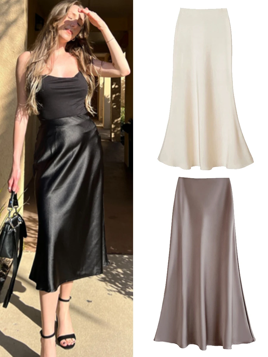 

Fashion Satin Skirt Women High Waist Long Skirts For Women Summer Black Midi Skirt Woman Office Elegant Women's Skirts
