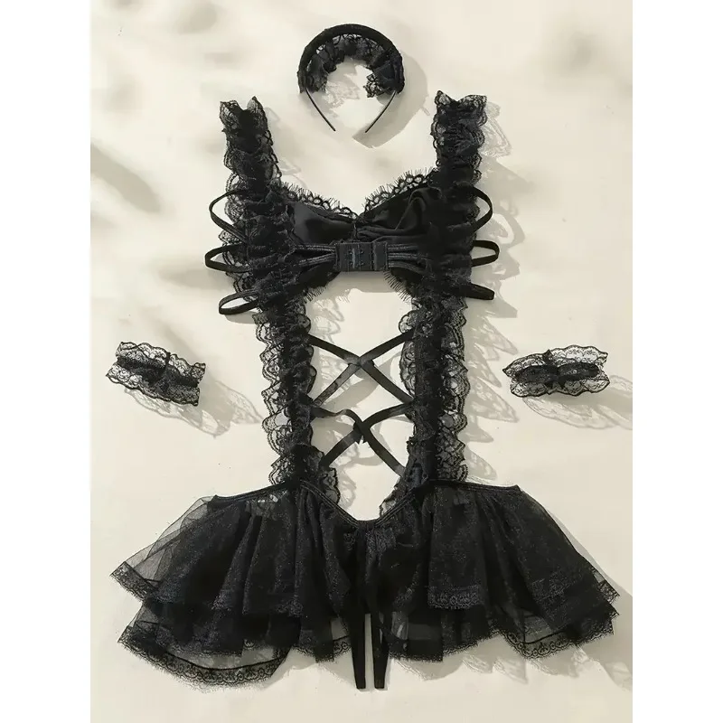 Disfraz de sirvienta traviesa para mujer, traje de juego de rol, lencería Sexy con lazo, decoración de encaje, vestido con tirantes, ropa interior Cosplay