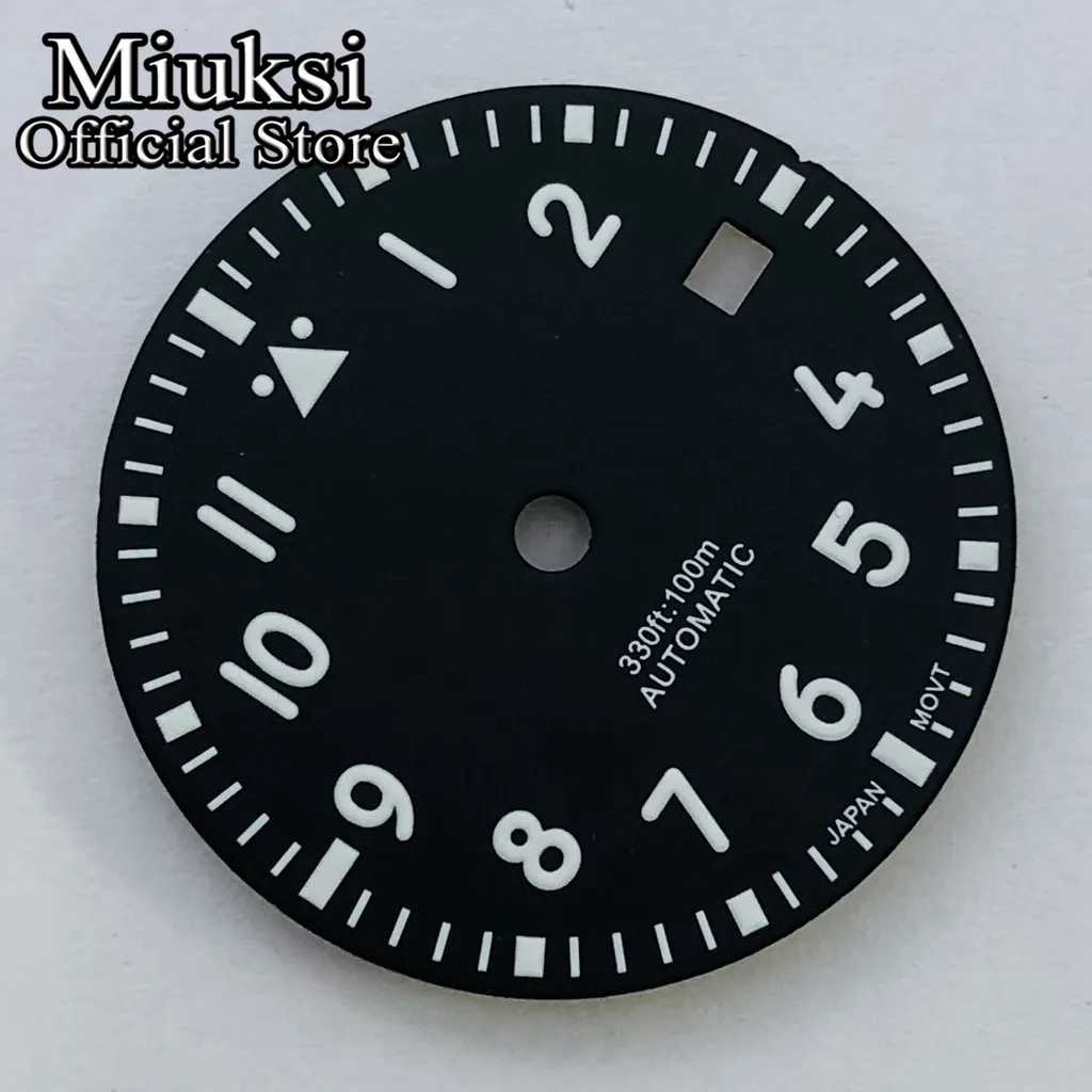 Miuksi 29mm black white blue green sterile watch dial luminous fit NH35 ETA 2824 2836 Miyota8215 Mingzhu DG2813 3804 movement