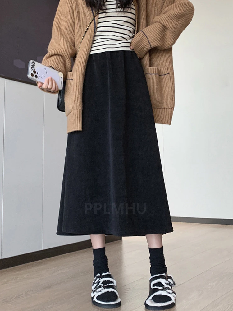 Winter Thicken Corduroy Skirts Women Warm High Waist Plush Velvet Lined Faldas New Casual Loose Saias Vintage Korean A-line Jupe