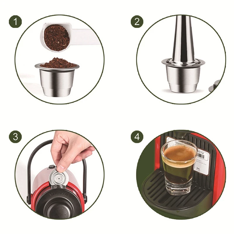 Capsules Reusable, Stainless Steel, 12 Pieces Refillable Pads For Nespresso + 4 Tamper + 4 Spoon + 4 Brush