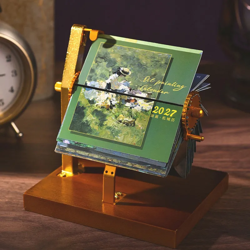 2027-calendar-mechanical-flip-oil-painting-calendar-wooden-base-with-hand-cranked-page-turner-gift