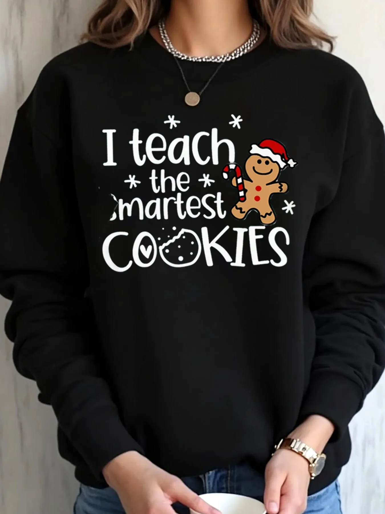 Women Oversized Sweatshirt Christmas Gingerbread Cookie Teacher Print Outdoor Wear